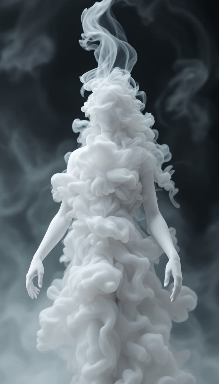 AI generated: The image features a smoke-like representation of a beautiful goddess, which appears to be a white a...