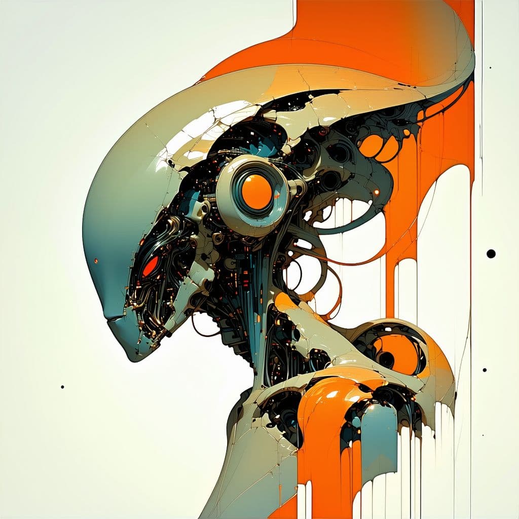 AI generated: alien cyborg art and illustration by Salvador Dali, in the style of balanced symmetry, light orange ...