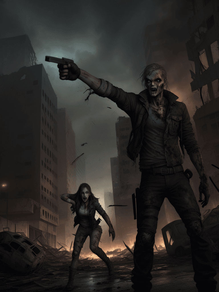 AI generated: dystopian survivor fighting a zombie in destroyed city streets at night
