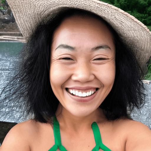 AI generated: an image of woman , head , black eyes , asian  , smiling , green bikini , summer , facing front  , l...