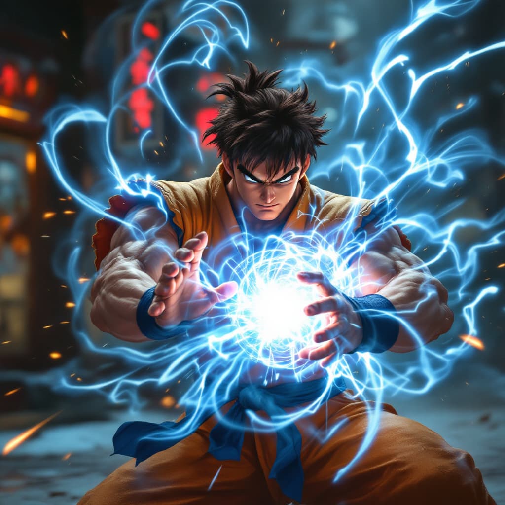 AI generated: ryu street fighter forming an energy ball Hadouken he's about to throw, there should be space betwee...
