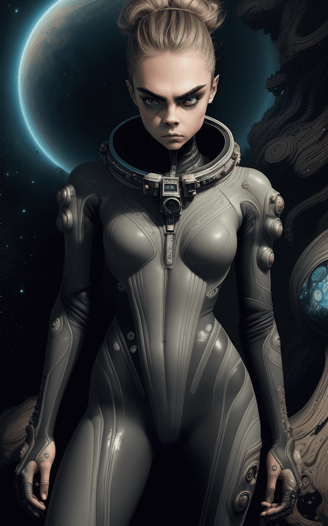 AI generated: ((Cara Delevingne)), thick eyebrows, pouting, wearing a spacesuit inspired by Hans Giger, full body,...