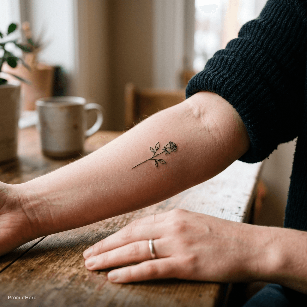 AI generated: small minimalist rose on inner forearm, fine line black ink