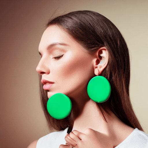 AI generated: young woman, brown hair, highlighting green square tagua earrings, focus on earrings, light tan skin...