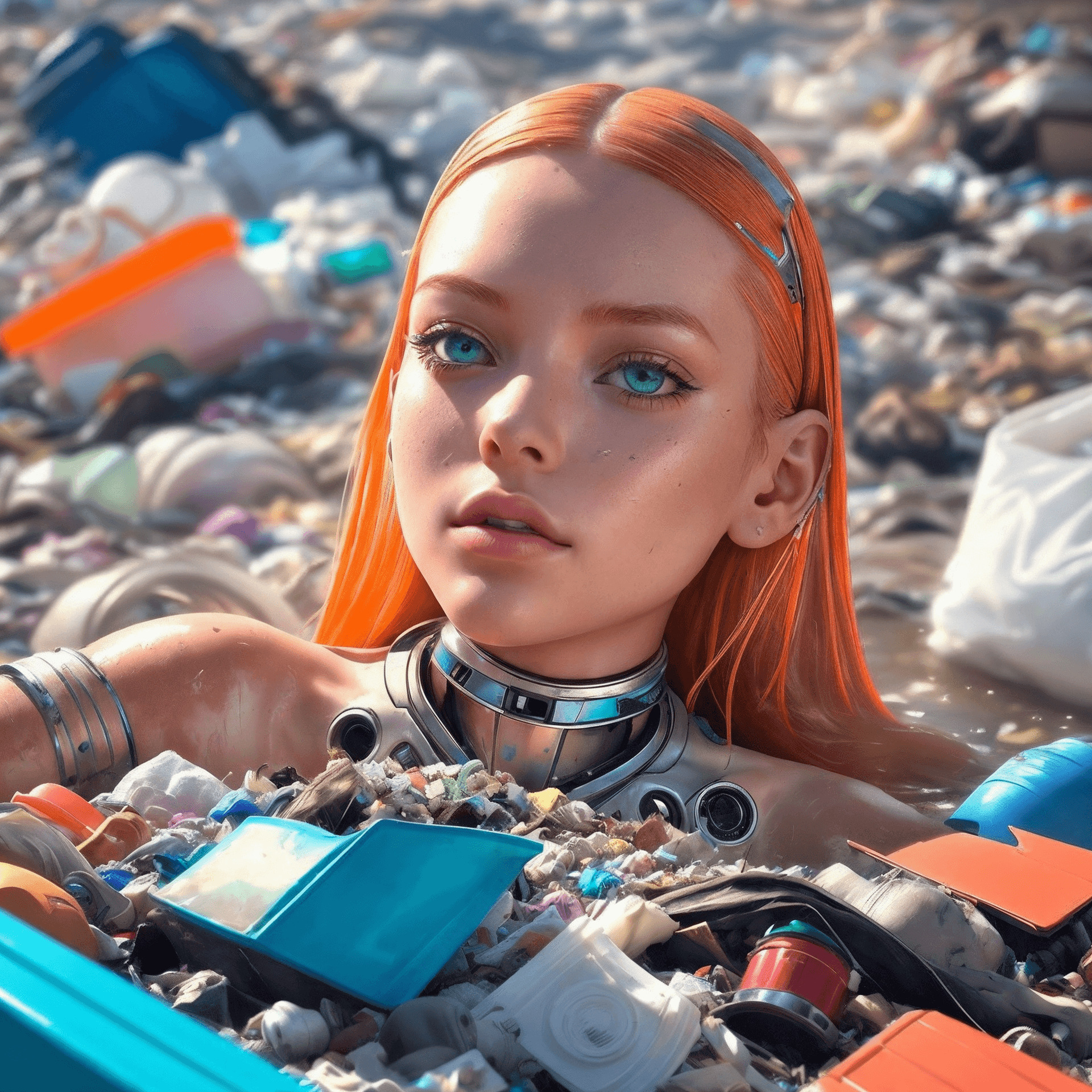 AI generated: top down view fashion photography,half robot (cyborg girl) female fashion model cyborg face ((face d...
