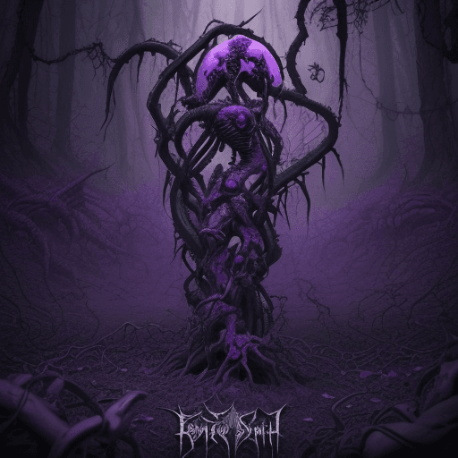AI generated: death metal band logo, black forest , purple, bodies, creatures, bones, vines, cracks, insane detail...