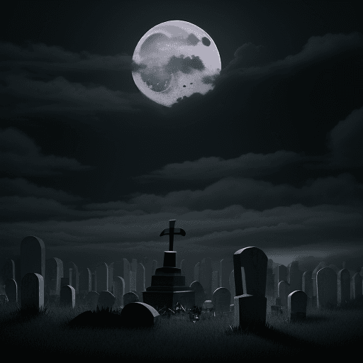 AI generated: night light, cloudy moon, tombstones on a meadow, a gravedigger in the foreground, wearing a crown a...