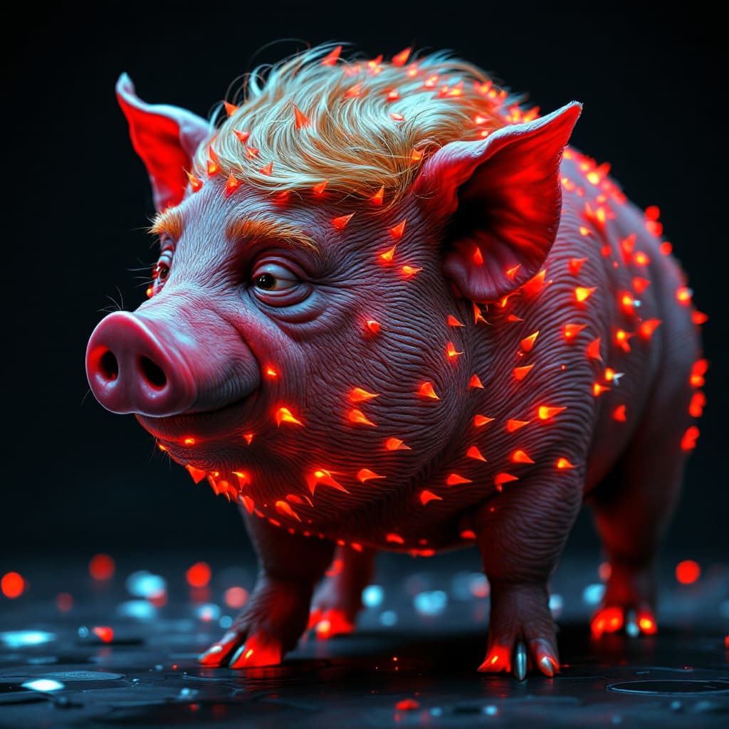 AI generated: Donald Trump close-up portrait his head on a fat pig walking on all 4 legs., nautilusl, betta fish, ...