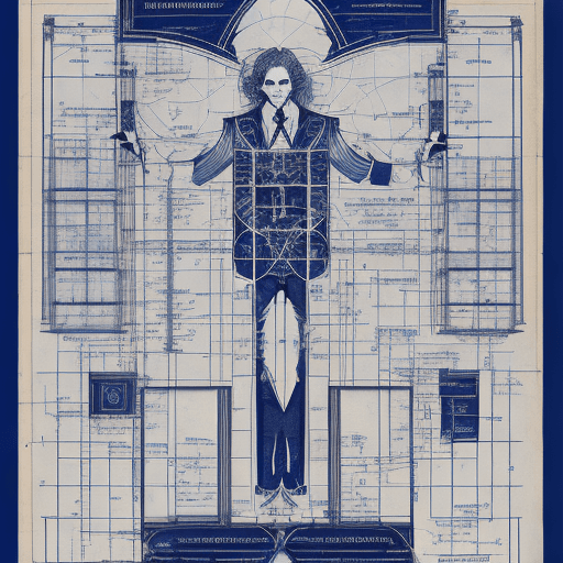 AI generated: poster of The Vampire Lestat, technical Schematics and blue prints printed white ink on light bluepr...