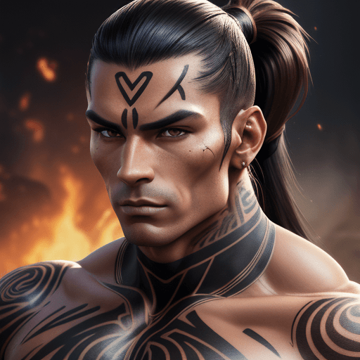 AI generated: A portrait of muscular futuristic Men Tattooed Fighter, long black ponytail hair, detailed vivid Fac...