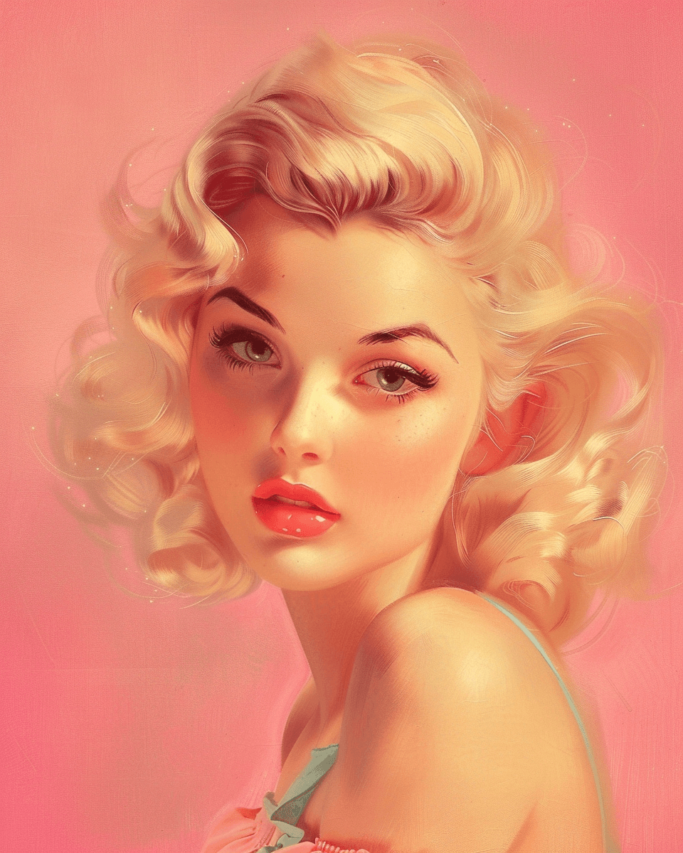 AI generated: A vintage illustration of an attractive woman with platinum blonde hair, wearing pink in the style o...