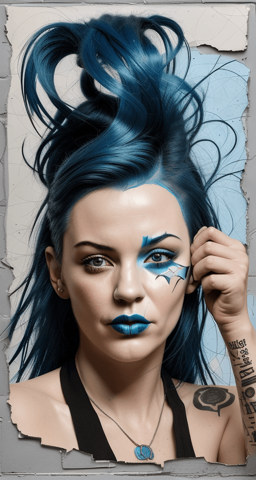 AI generated: woman with blue hair, in the style of multi-layered collages, edgy street art, celebrity-portraits, ...