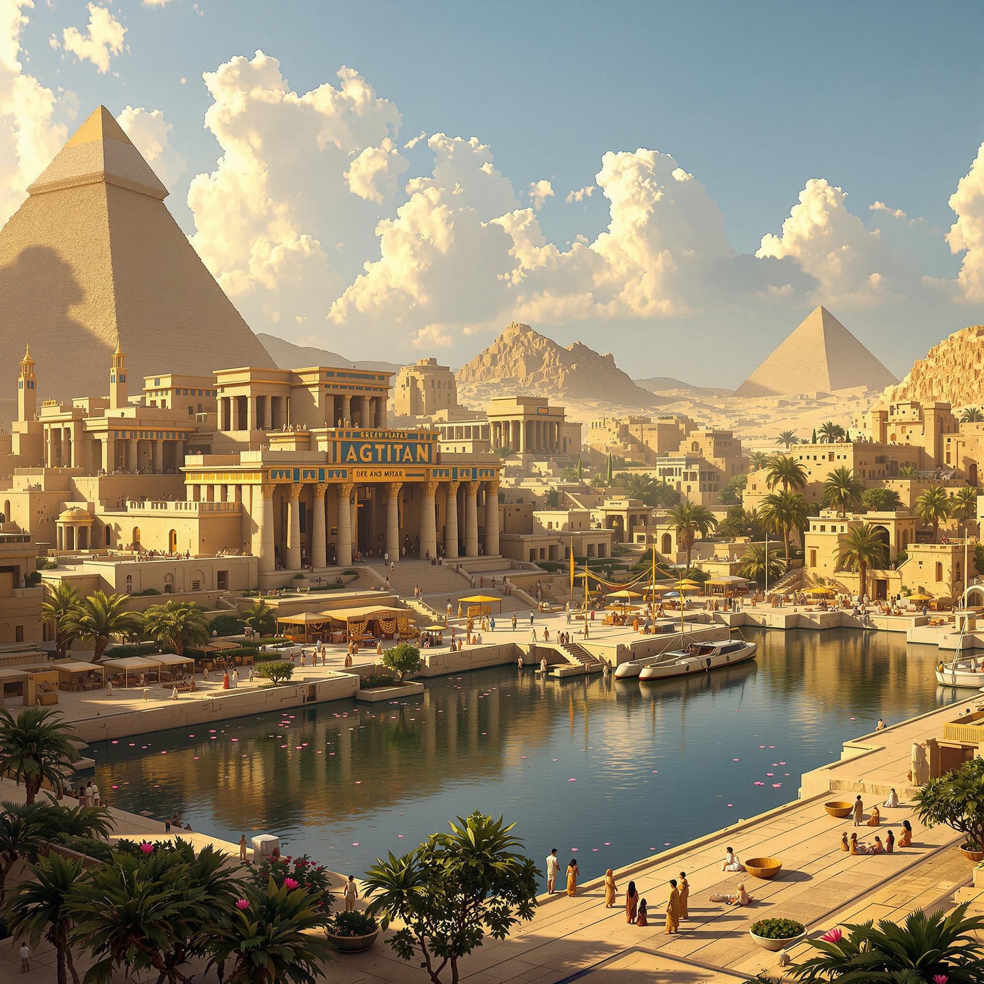 AI generated: The year is 300 BC (all people with ancient egyptian etire)
- The Great Palace complex with limeston...