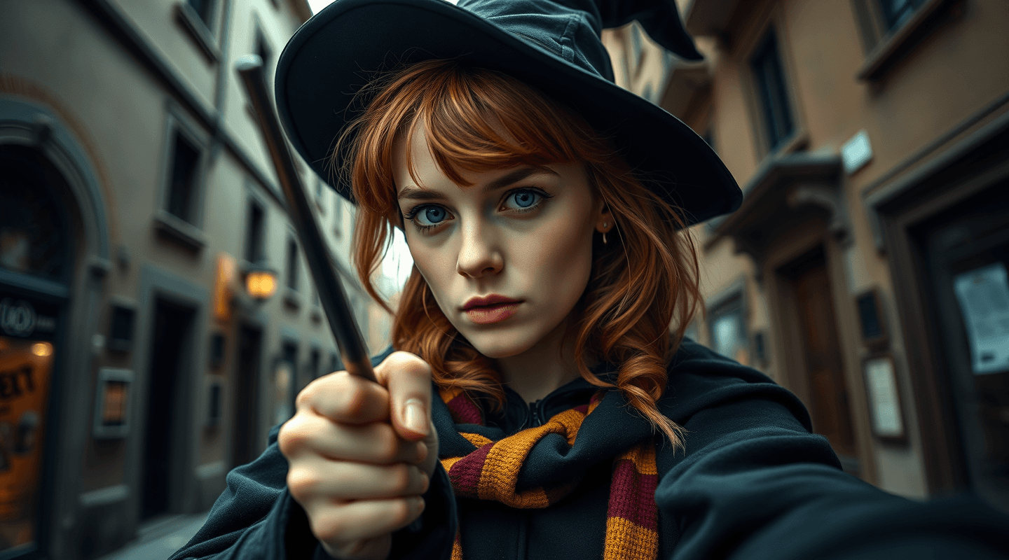 AI generated: RAW portrait photograph of Emma Watson as Hermione Granger, ginger, the iconic look, in the Hogwarts...