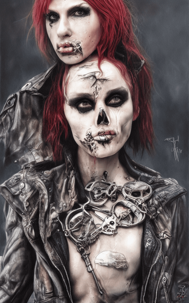 AI generated: cute punk scull girl, mad max jacket, renaissance, cables on her body, hyper realistic style, oil pa...