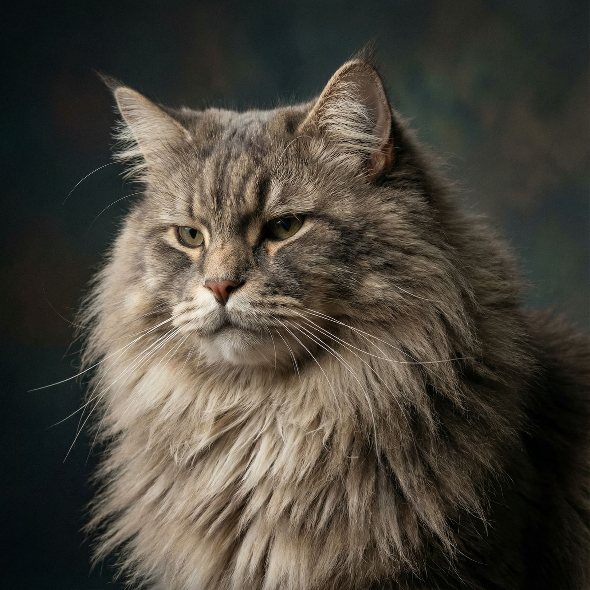 AI generated: A masterful, hyperrealistic animal portrait, 1:1. Subject: A giant, fluffy cat with an irresistibly ...