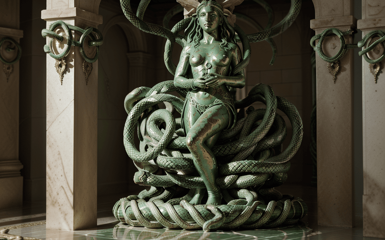 AI generated: statue andromeda,(entangled in snakes:1.1) ,decorative bronze, green patina,(ambient occlusion:1.2),...