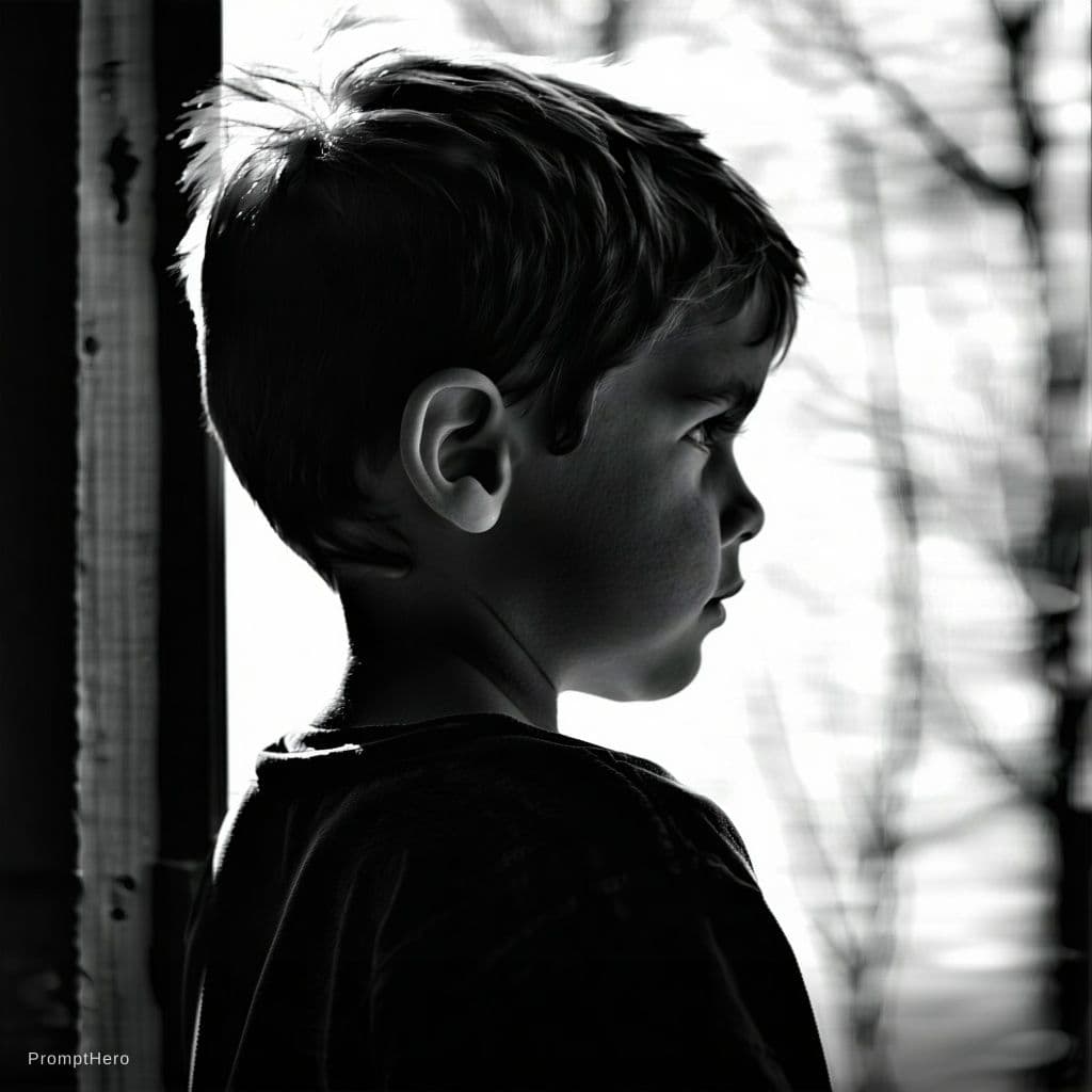 AI generated: black and white photography in style by Bruce Davidson, young boy sadly looks aside, highres, realis...