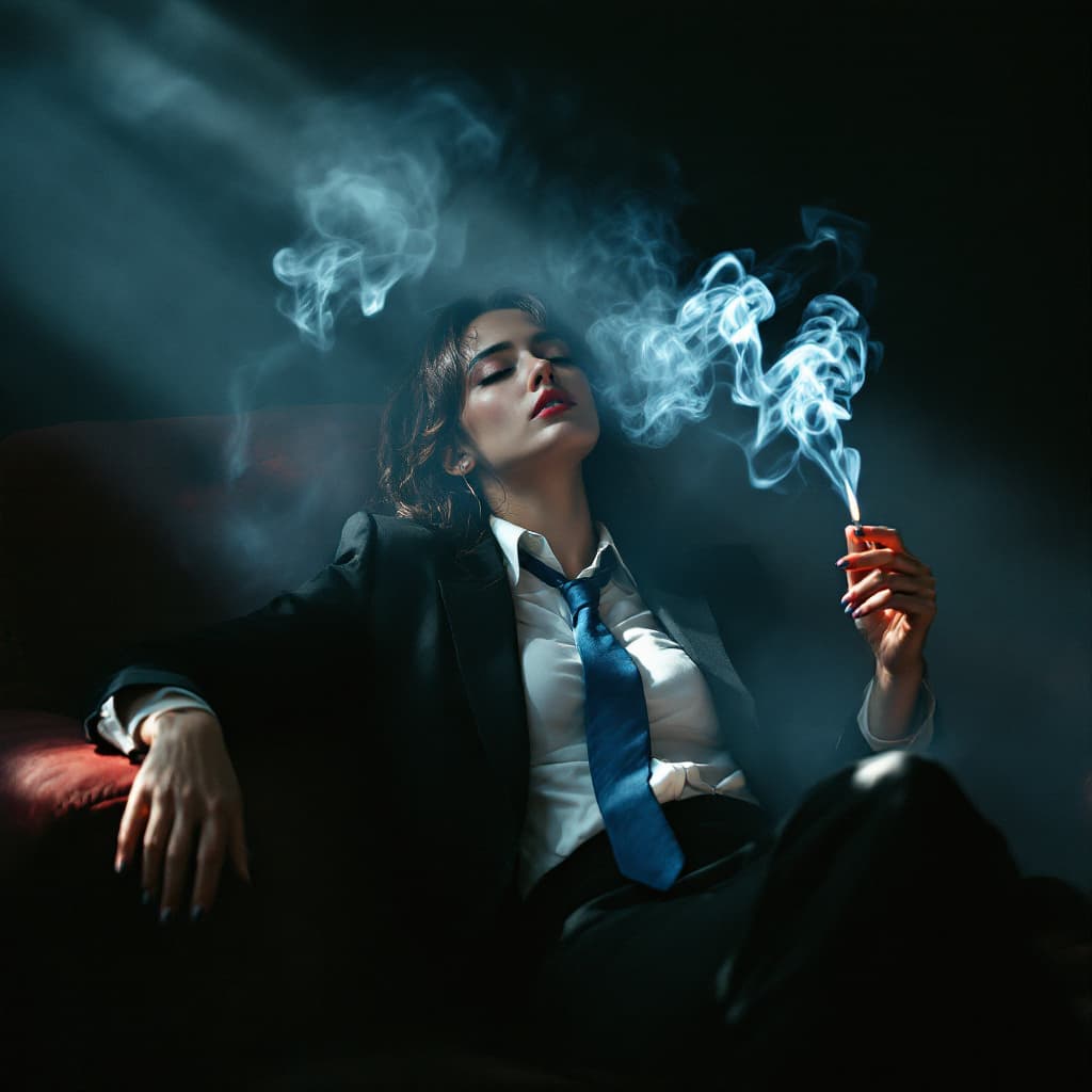 AI generated: photography, dimly lit room with a hazy atmosphere, capturing a female figure lounging on a deep cri...