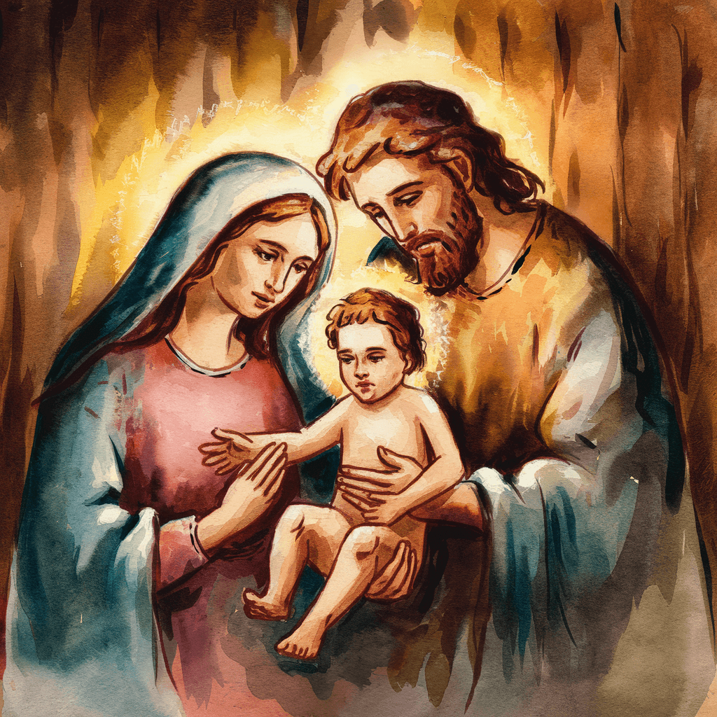 AI generated: A watercolor painting of the Holy Family: Mary, Joseph, and baby Jesus, depicted in a humble, rustic...