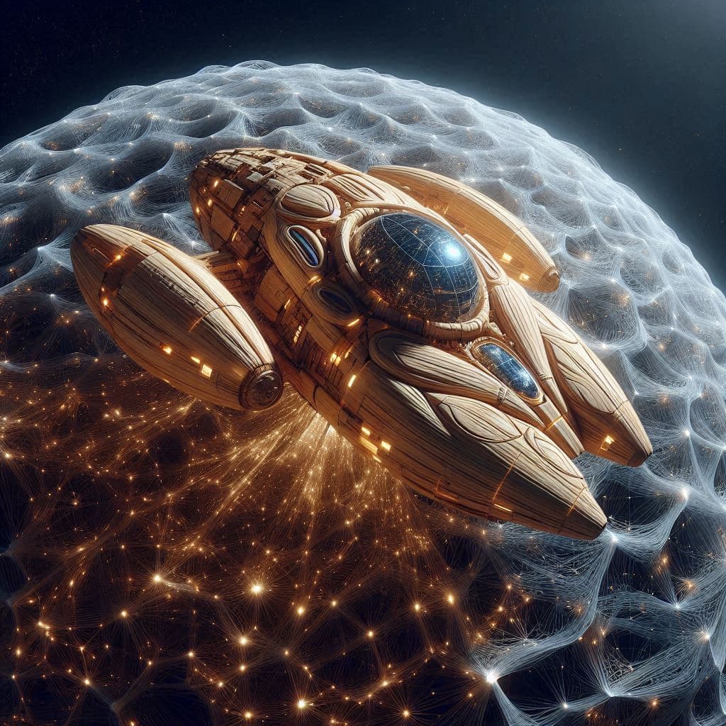AI generated: Big in the foreground is a wooden bionic spaceship made of translucent bark. The universe is a barel...