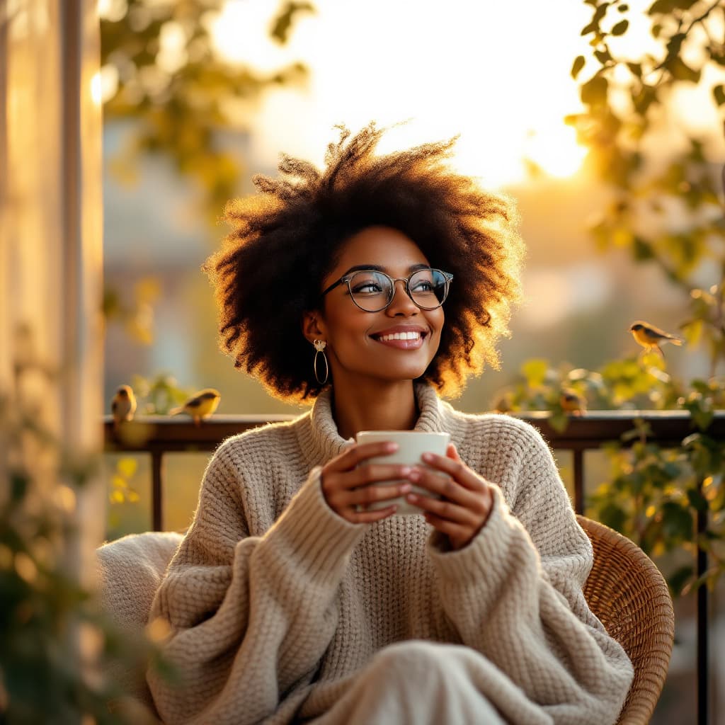 AI generated: A Black woman with a gorgeous natural afro and stylish glasses sits on a cozy balcony, sipping a war...
