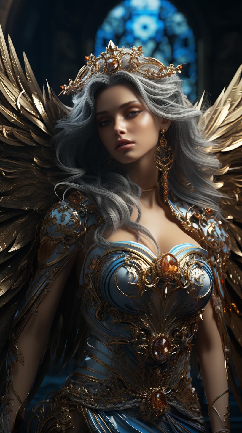 AI generated: full body shot, dressed in fancy ornaments, character design, void angel, colorful, macro portraits,...