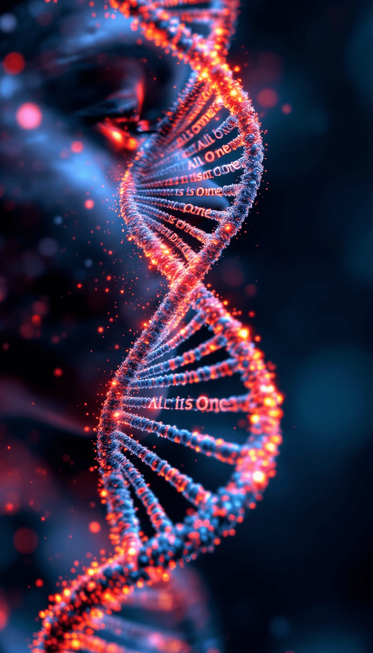 AI generated: Isometric view,macroview of DNA IN shape of a woman and man half,typography “All is One” written in ...