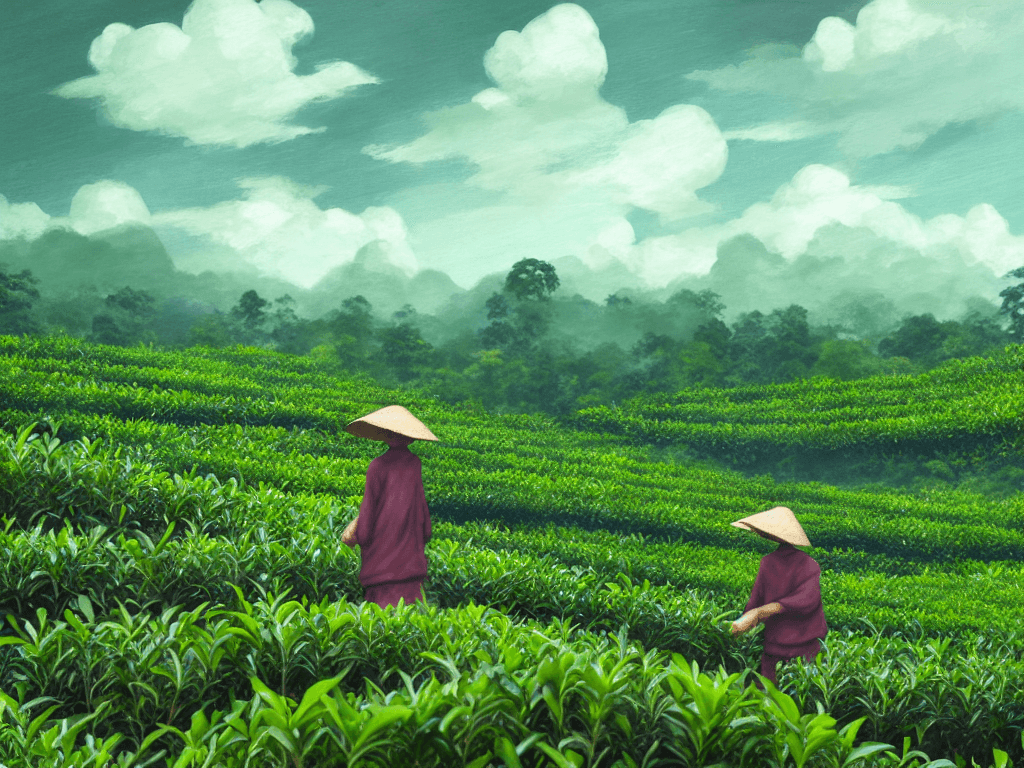 AI generated: Tea picker, green organic tea garden, with a hundred year old tea forest shrouded in clouds in the d...