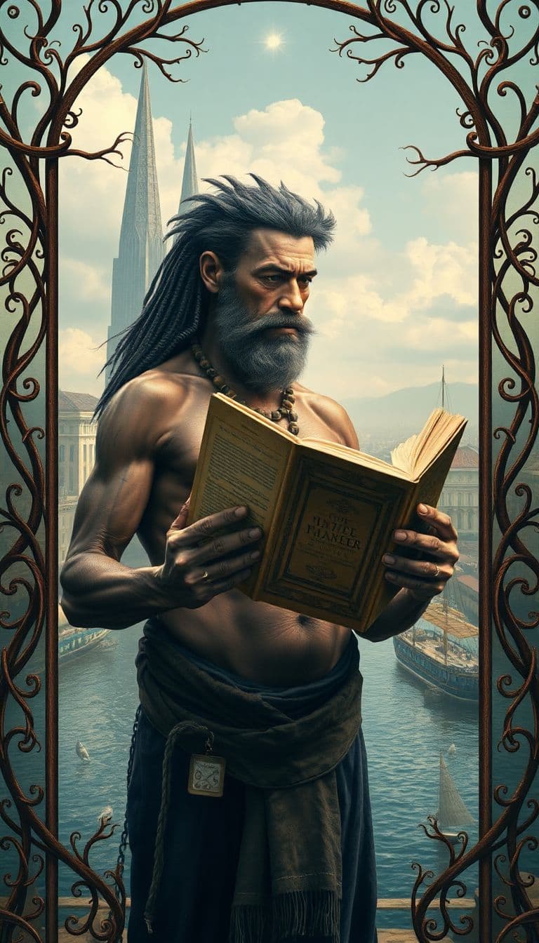 AI generated: The position of the book in the hands of a primitive man is a sign of human development
City and riv...