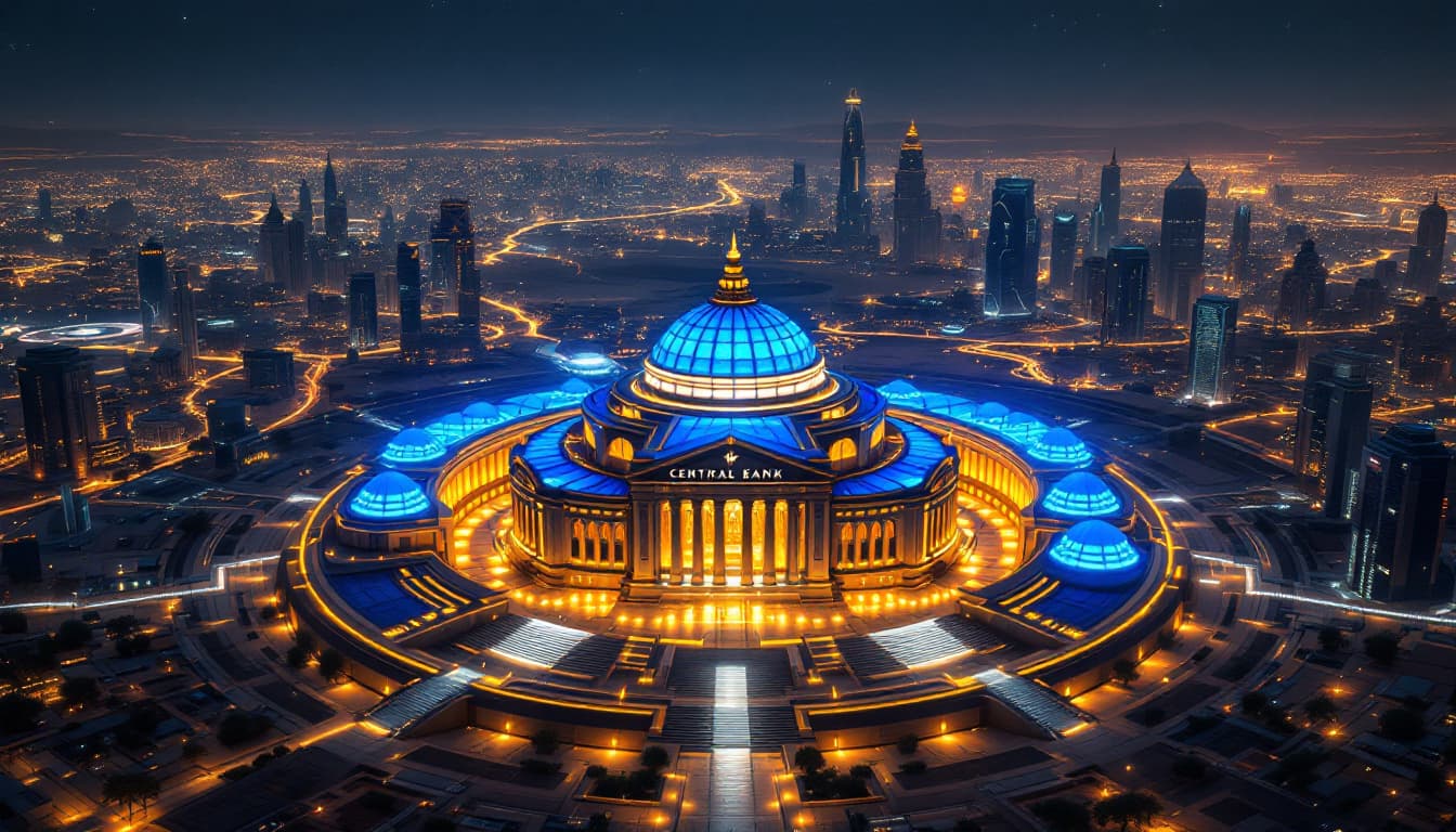 AI generated: The Central bank as seen from above : this imposing building in the busy center of a futuristic city...