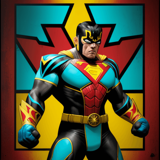 AI generated: an image of a man dressed like a superhero with his fists and arm, in the style of chicano art, dark...