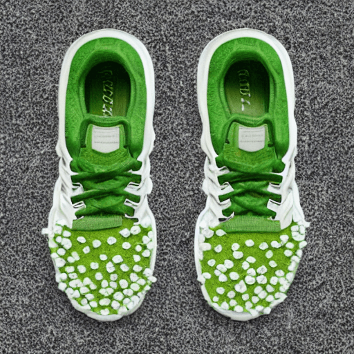AI generated: vapormax sneakers made from green leaves and moss, small white flowers growing from moss, white back...