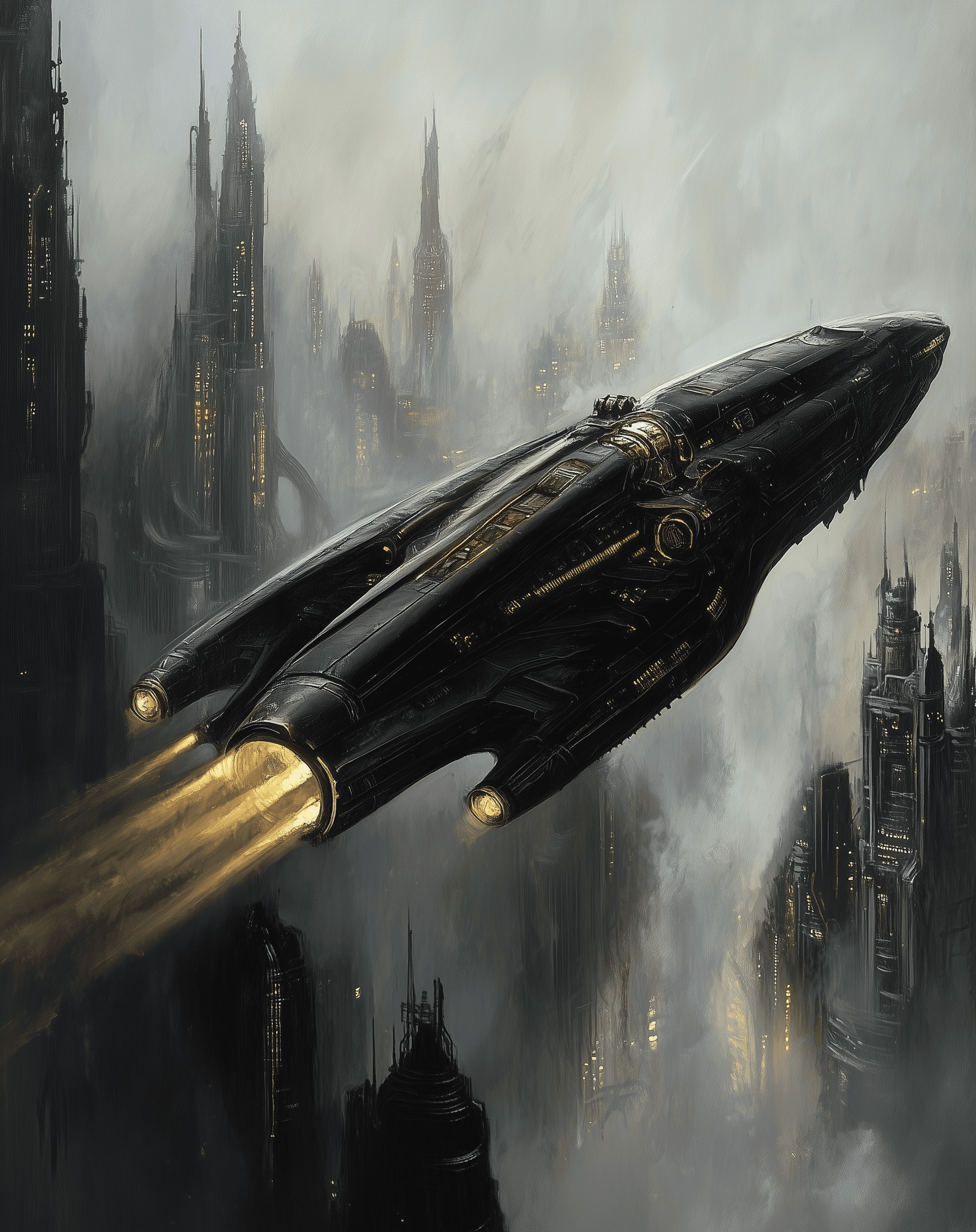 AI generated: 70s dark fantasy book illustration art in the style of Frazetta: a spaceship flying over the city of...