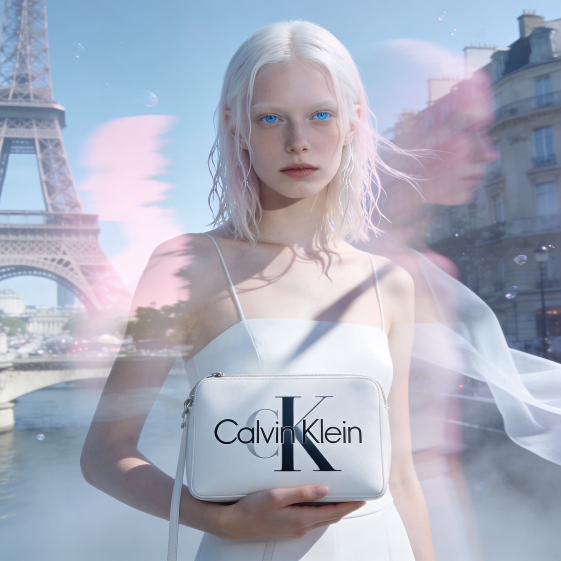 AI generated: Ultra realistic surreal fashion editorial for Instagram, dreamlike luxury aesthetic, albino female f...