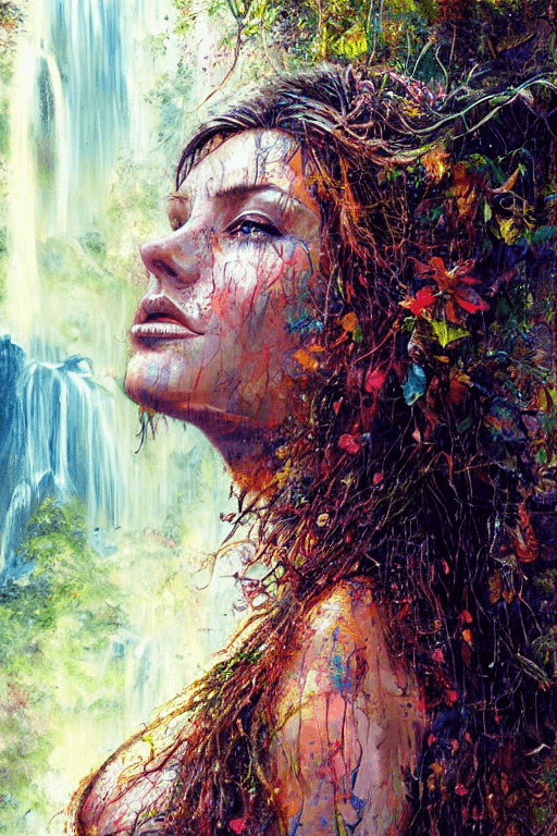 AI generated: full-length portrait of gorgeous goddess| (standing in waterfall)| detailed face| (detailed body)| s...