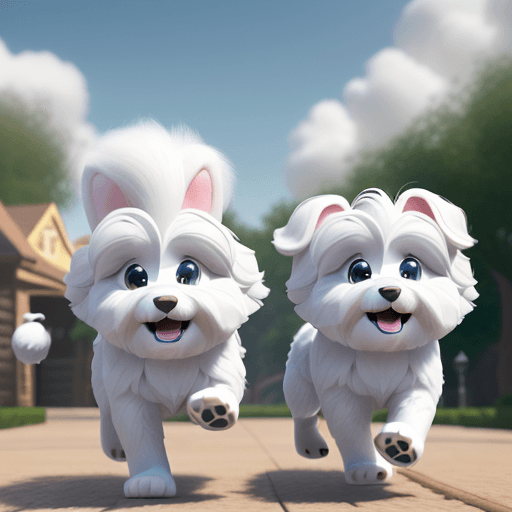 AI generated: Create a movie poster for Lumi and Tuisku, two cute Coton de Tulear dogs running happily, Disney Pix...