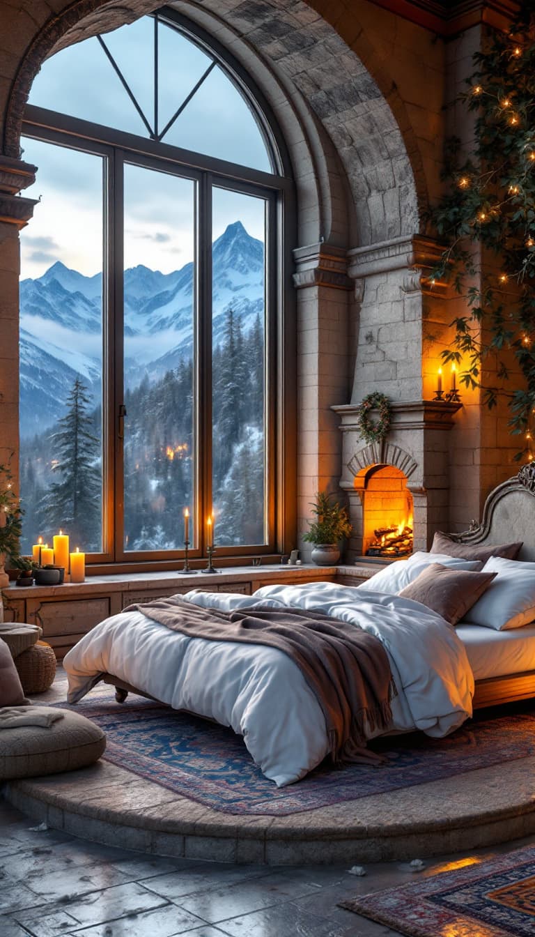 AI generated: Un magnífico y enorme dormitorio con una cama de matrimonio en un palacio rococó. Hay una chimenea c...