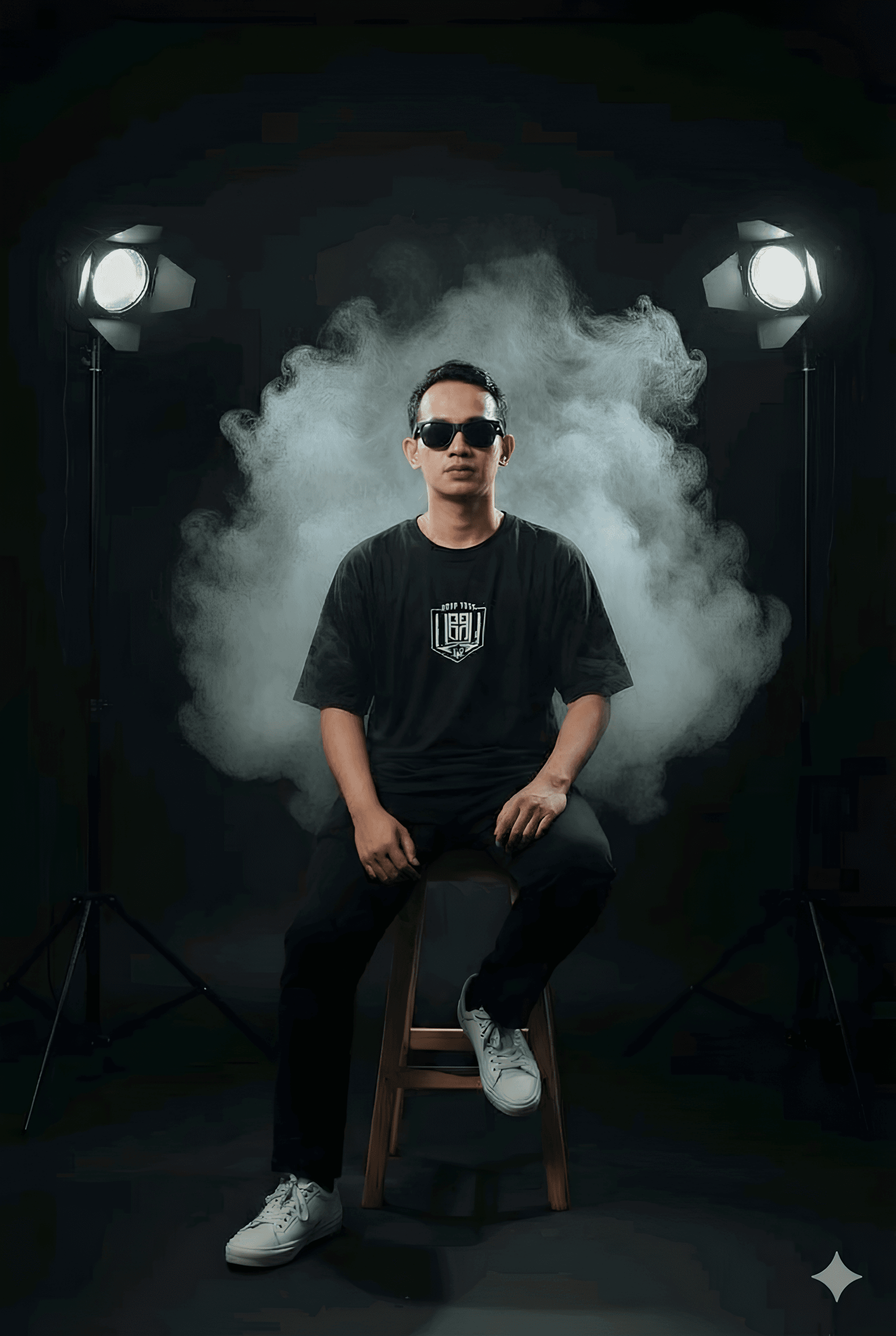 AI generated: Indonesian young man, around 25-30 years old, sitting casually on a simple wooden stool, wearing bla...