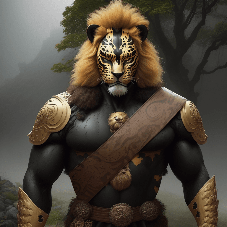 AI generated: men jaguar warrior with a wooden mask of yellow, black and a hint of red, in a combat suit made of a...