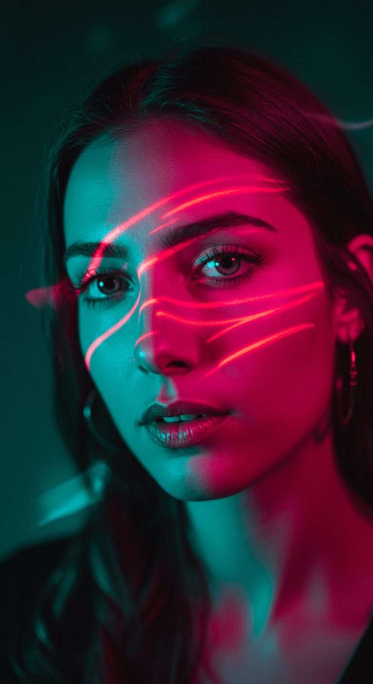 AI generated: close up portrait of a woman with neon pink lighting across her face, blending into a vibrant, surre...