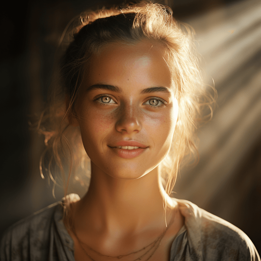 AI generated: fog, reflection, sun rays, young happy Estonian woman close up portrait. National geographic image, ...
