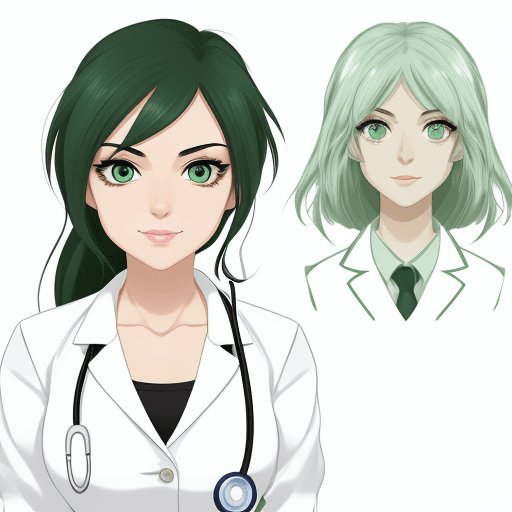 AI generated: ULTRA cute medical women, 2D, GREEN EYES, white background outline V5