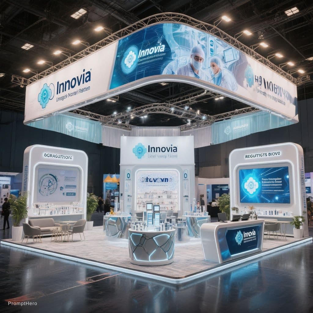 AI generated: an open-layout exhibition booth for the medical company 'Innova,' featuring a central product displa...