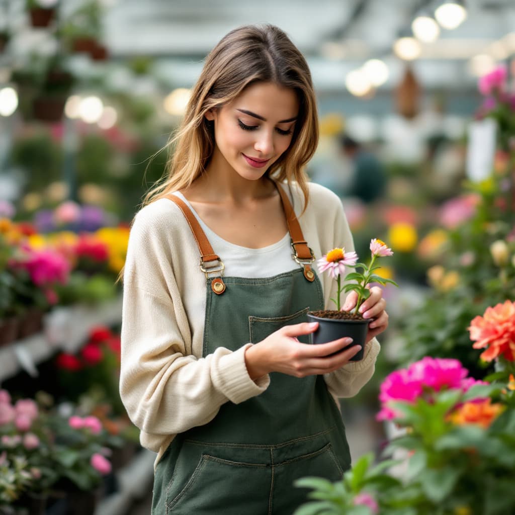 AI generated: the pertty female walking through a garden center. She picks up a small, fragile plant in a pot, the...