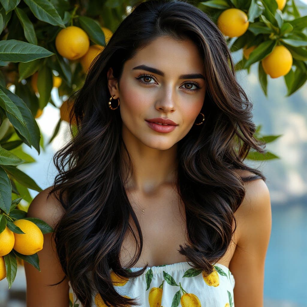 AI generated: An italian beautiful woman model with charming almond-shaped eyes, thick dark hair and delicate, vel...