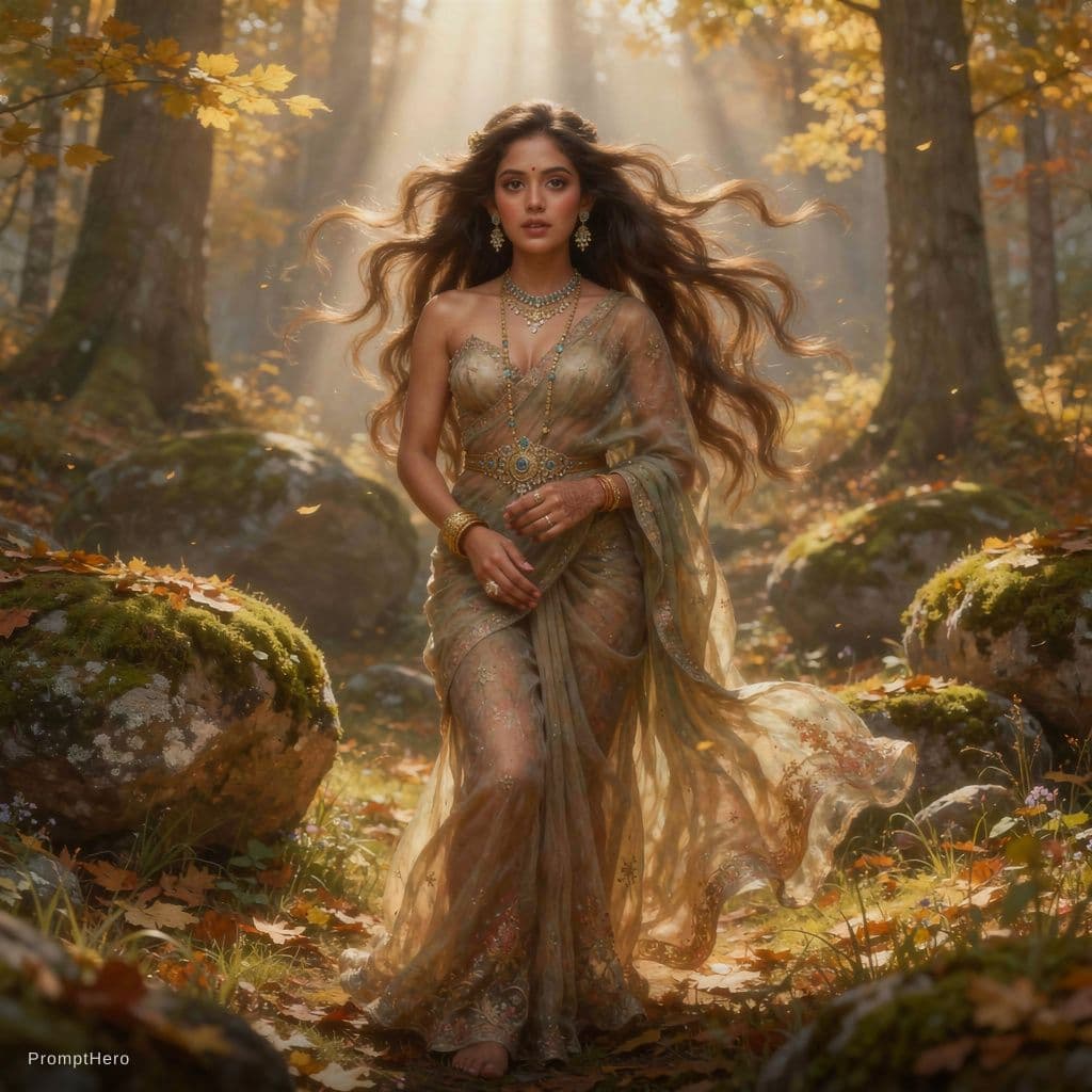 AI generated: A striking young female stands in a sun-dappled forest clearing, her long, wavy hair cascading over ...