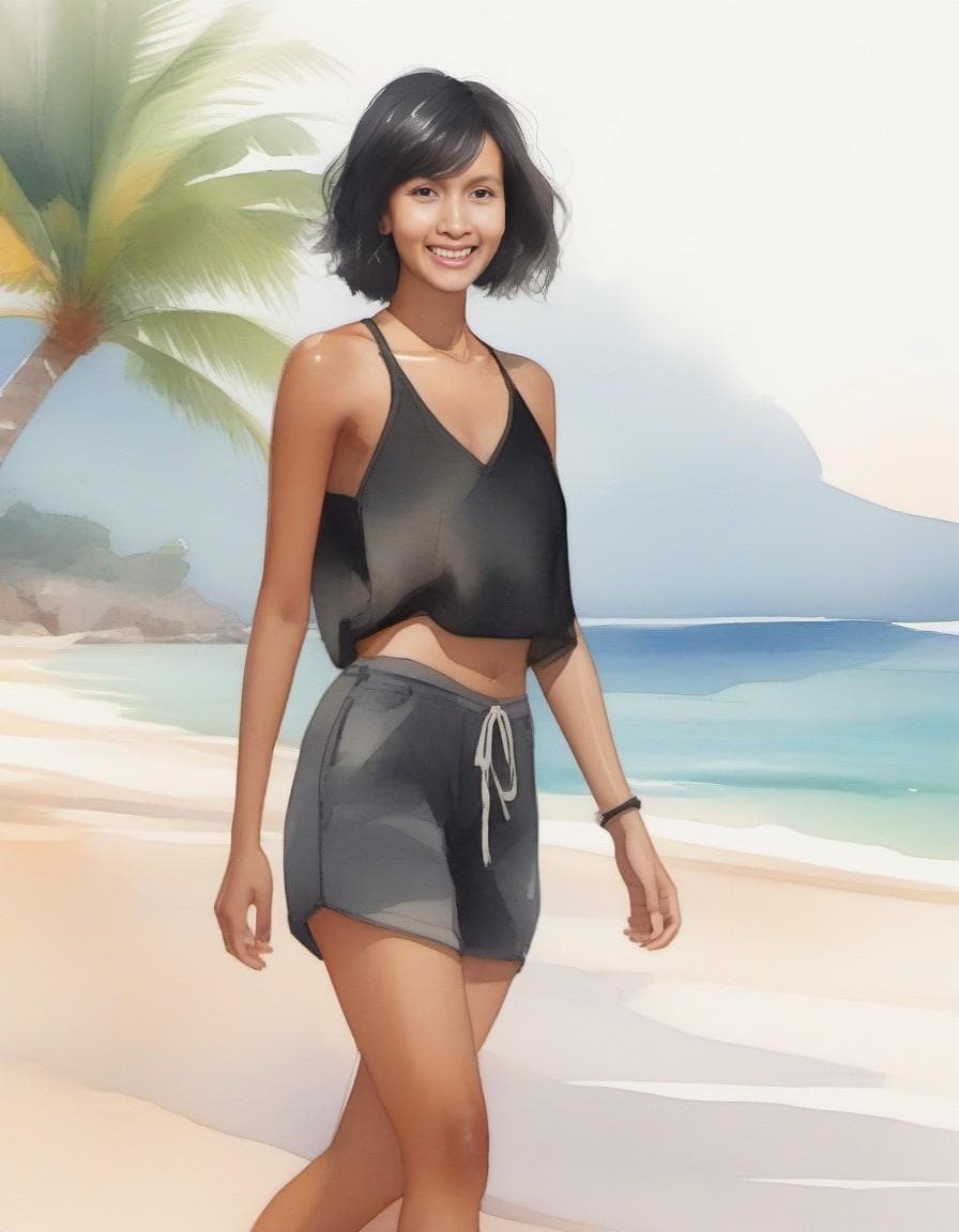 AI generated: looking at camera, watercolor painted portrait by Barry Blitt, summer zara clothes outfit, colorful ...