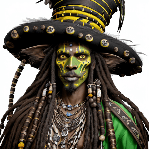AI generated: Realistic unique exotic male witch doctor, brown skin, long dredlocks, witch doctor clothing, feathe...