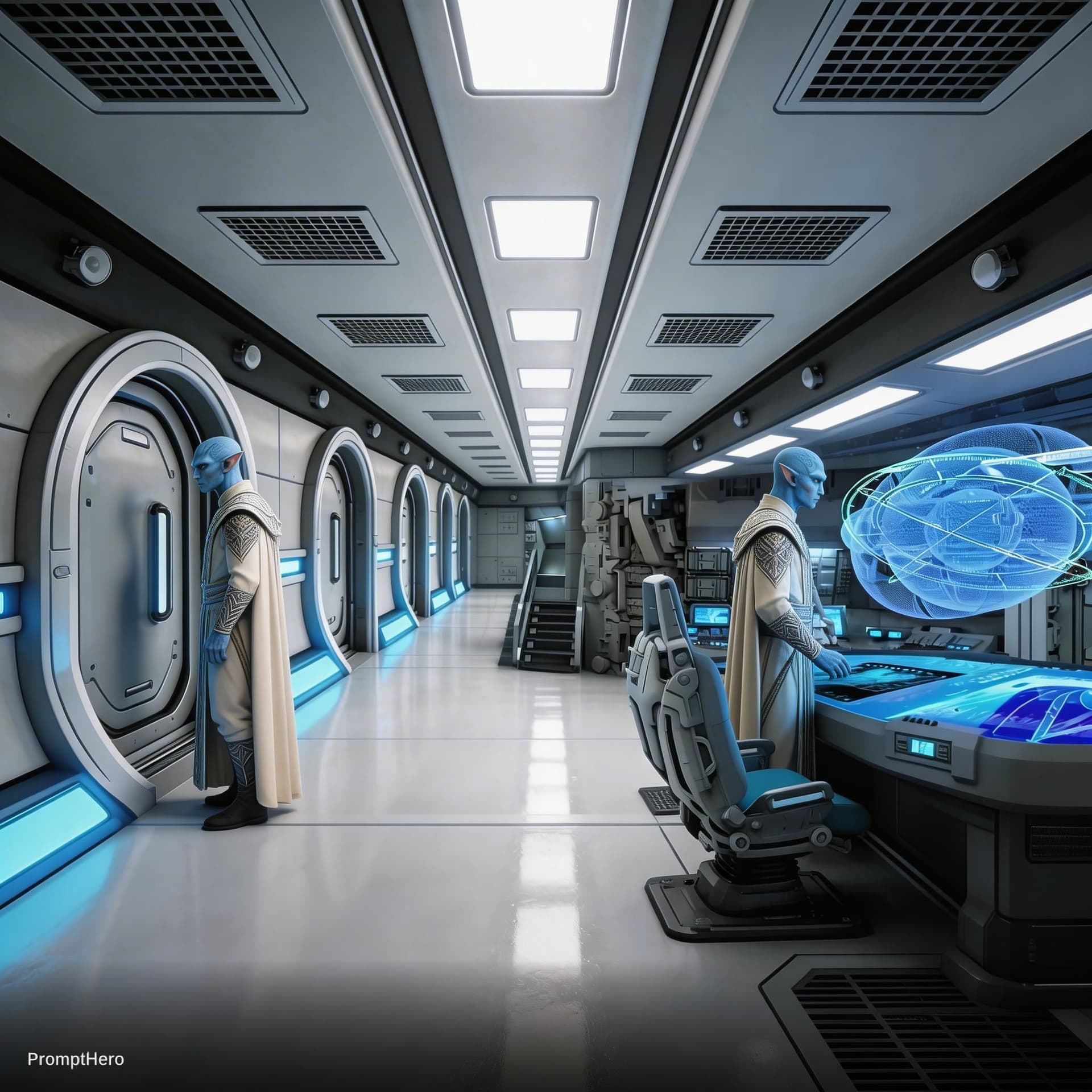 AI generated: Sci-Fi Scene. Show the characters in reference image one, inside reference image two. Show one chara...